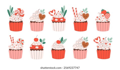 Sweet cupcakes with festive toppings. Valentine's Day cupcakes. Perfect for celebration Valentines Day, romantic gift. Vector illustration in flat style