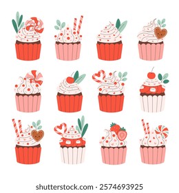 Sweet cupcakes with festive toppings. Valentines Day cupcakes. Perfect for celebration Valentines Day, romantic gift. Vector illustration in flat style