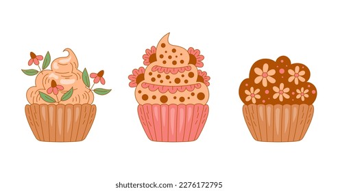 Sweet cupcakes food set. Hand drawn collection of cute pastry products decorated with flowers. Creative sweet dessert in doodle style. Vector illustration