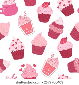 Sweet cupcakes with hearts seamless pattern. Love valentine day background. Romantic pink desserts. White background.