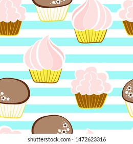 Sweet cupcakes in line seamless pattern with different shapes and toppings on a striped white and blue background.Candy shops template