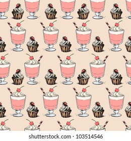 Sweet cupcakes and milkshakes background. Seamless sketch vector pattern