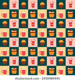 Sweet cupcakes and muffins. Cup with cocoa and sweet cane. Christmas and New Year. Pattern of geometric squares. Christmas and New Year. Vector flat. For holiday decor.