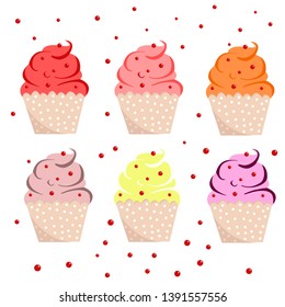 Sweet cupcakes with a multi-colored cream in a polka dot basket.Object isolated. Vector image.