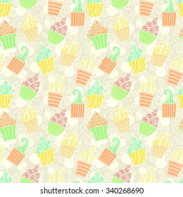 Sweet cupcakes seamless pattern. Background with desserts.