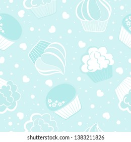 Sweet cupcakes seamless pattern with different shapes and toppings in baby blue colors with hearts and dots. pastry background