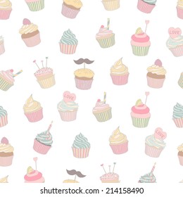 Sweet cupcakes seamless patterns vector illustration. Cartoon tasty cupcakes in pastel colors.