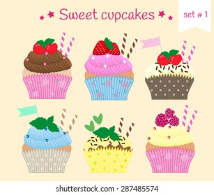 Sweet cupcakes. Set # 1. Colorful cupcakes with different flavors, cream and decor.