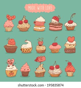 sweet cupcakes set illustration (made with love), engraved retro style, hand drawn
