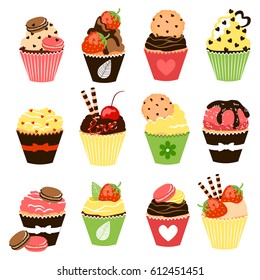 Sweet cupcakes set. Vector collection with yummy cake, cookies, macaroons, strawberry, cherry, hearts and wafer rolls. 