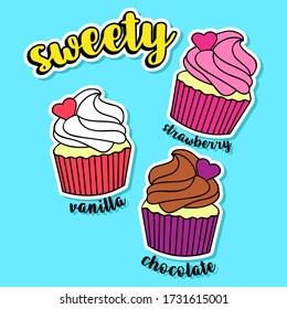 SWEET CUPCAKES, VANILLA STRAWBERRY AND CHOCOLATE CUPCAKES, SLOGAN PRINT VECTOR