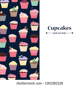 Sweet cupcakes vector banner. Muffins with fruits, berries, chocolate and cream. Bakery shop, cafe, restaurant background