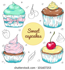 Sweet cupcakes vector set. Bakery cakes with cream and fruits - hand drawn illustration 
