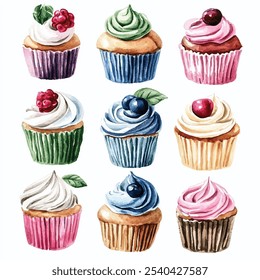 Sweet Cupcakes watercolor clipart illustration