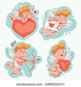 Sweet cupid of Saint Valentines Day. Cute Cupids with hearts, bows and arrows and love messages for Weddings. Colorful cartoon characters. Funny vector illustration. Isolated on white background. Set