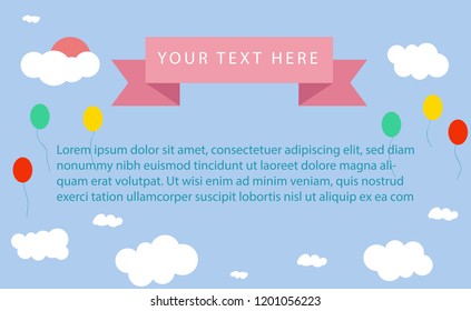 Sweet and cute background for your text: There are light sky blue with many clouds and red sun. Many color balloons are on the sky with pink ribbon label. 