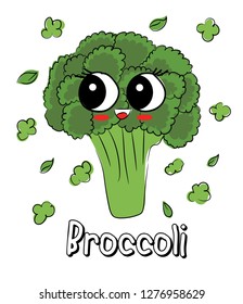 Sweet, cute broccoli cartoon character. Vector illustration