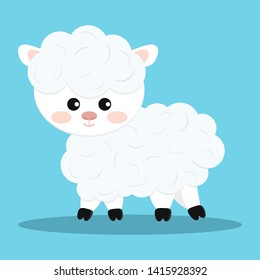 Sweet and cute cartoon white sheep mascot character. Vector flat design illustration of fluffy sheep isolated on blue background. Image for children design print.