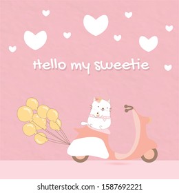 sweet cute cat animal is sitting on pink scooter.behind motorcycle has many balloons.adorable character for valentines day.kawaii heart on wallpaper.background colour is pastel pink.