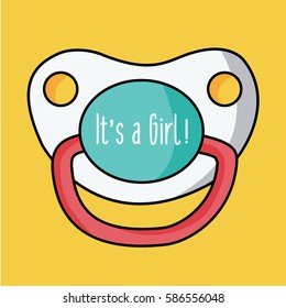 a sweet & cute clean colorful pacifier illustration vector with text on it - it's a Girl with black modern outline on a yellow background 