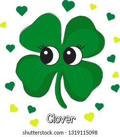 Sweet, cute clover cartoon character. Vector illustration