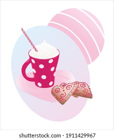 Sweet cute coffee cup with cookie pink card banner illustration edit vector eps