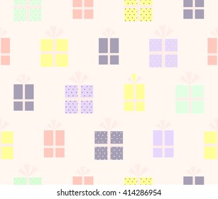 Sweet cute colorful gift boxes with bow design background pattern seamless wallpaper. Vector image
