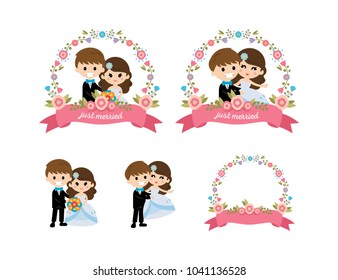 sweet and cute couple husband and wife characters, ready floral elements badge.100% vector file