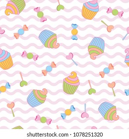 
Sweet cute cupcake, candy, heart in wave background.  A playful, modern, and flexible pattern for brand who has cute and fun style. Repeated pattern. Happy, bright, and magical mood.