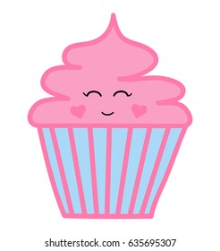 Sweet and cute cupcake vector illustration doodle drawing, pink and blue cupcake with little face.