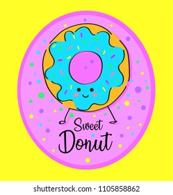 Sweet, cute donut sketch illustration. Funny donut with pink frame on yellow background. Cartoon vector