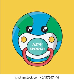 sweet cute earth globe face vector flat design pacifier cartoon isolated, soother or dummy. baby new world or global life creative. earth day & hour. birth & born, newborn concept. save the world art