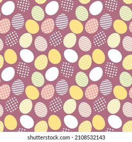 Sweet cute Easter seamless repeat pattern on purple background . Happy Easter eggs.
