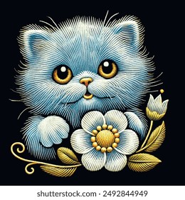 Dulce lindo bordado 3d azul persa sonriente lindo gatito aislado con flores. Fondo negro de Vector con dibujos animados hermoso gato bonito bordado. Diseño ornamentado de superficie texturizada.