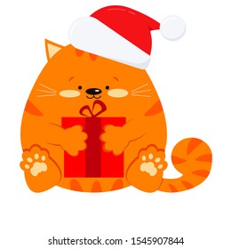 Sweet cute fat smiling little ginger striped cat with red gift in Santa Claus red christmas hat with fur and pompom isolated on white background. Vector character illustration in flat cartoon style.