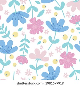 Sweet Cute Flowers Leaves Berries Seamless Repeat Floral Pattern Illustration Wallpaper Background Pastel Palette