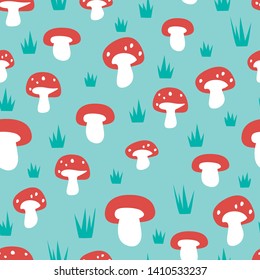 Sweet and cute fly agaric Mushroom pattern on green background with some  grass tufts adorable for fashion, wallpaper, wrapping paper, stationery, bedding, kids clothing, fabrics, home textiles