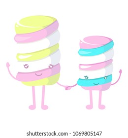 Sweet, cute, funny, little colored zephyr, marshmallow. Smile face, waving holding hands. Delicious soft rubber sweets. Modern vector flat designe image isolated on white background. Can used as logo