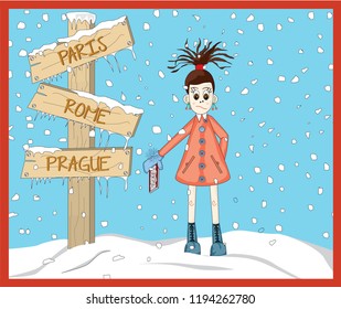 Sweet cute girl going on holiday in snow holiday. Christmas vector. Cartoon character