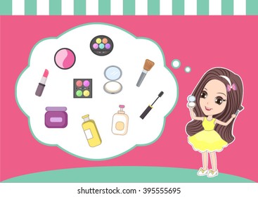 sweet and cute girl thinking about cosmetics and beauty products