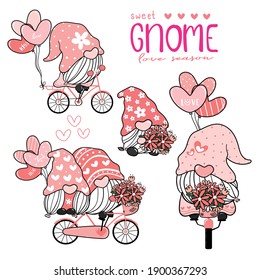 Sweet cute Gnome in pink hat on bicycle with heart balloons collection, couple lover gnome love Valentine element set