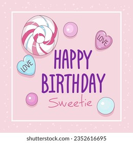 Sweet and cute greeting card. Pink and blue candies. Happy birthday. Greeting card for a gender reveal party. Vector illustration.