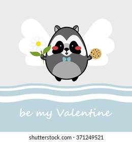 Sweet and cute greeting card. Valentine's day love card. Be my Valentine card with vector flat cartoon illustration of forest enamored raccoon with angel cupid wings. Flat character design 