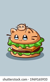 A sweet and cute hamburger with cat cartoon illustration