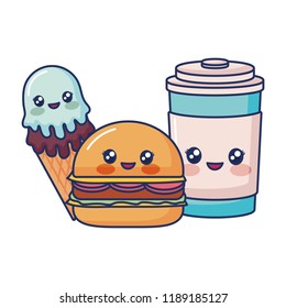 sweet cute ice cream hamburguer and plastic coffee cup