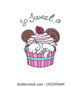 So sweet! Cute illustration of a little white kitten sleeping in a cupcake isolated on white. Vector 8 EPS.