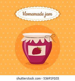 Sweet cute jam jar; homemade strawberry dessert; food vector illustration on yellow background for poster, postcard, menu