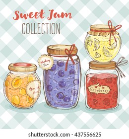 Sweet cute jam jars collection; homemade apricot, blueberries, lemon, strawberry dessert in sketch style; hand drawn food vector illustration on checkered background for poster, postcard; 