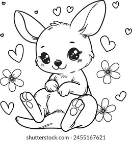 sweet and cute Kangaroo, coloring page, kindergarten, Isolate, outline, White background.