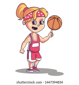 A sweet cute little girl playing basketball. Vector illustration isolated on white background